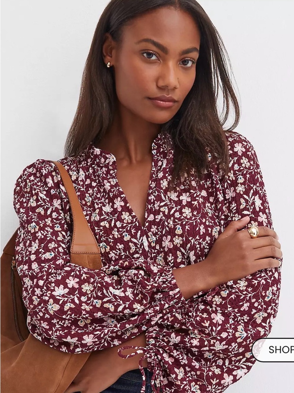 NWT LOFT Burgundy Floral Tie-Sleeve V-Neck Blouse
